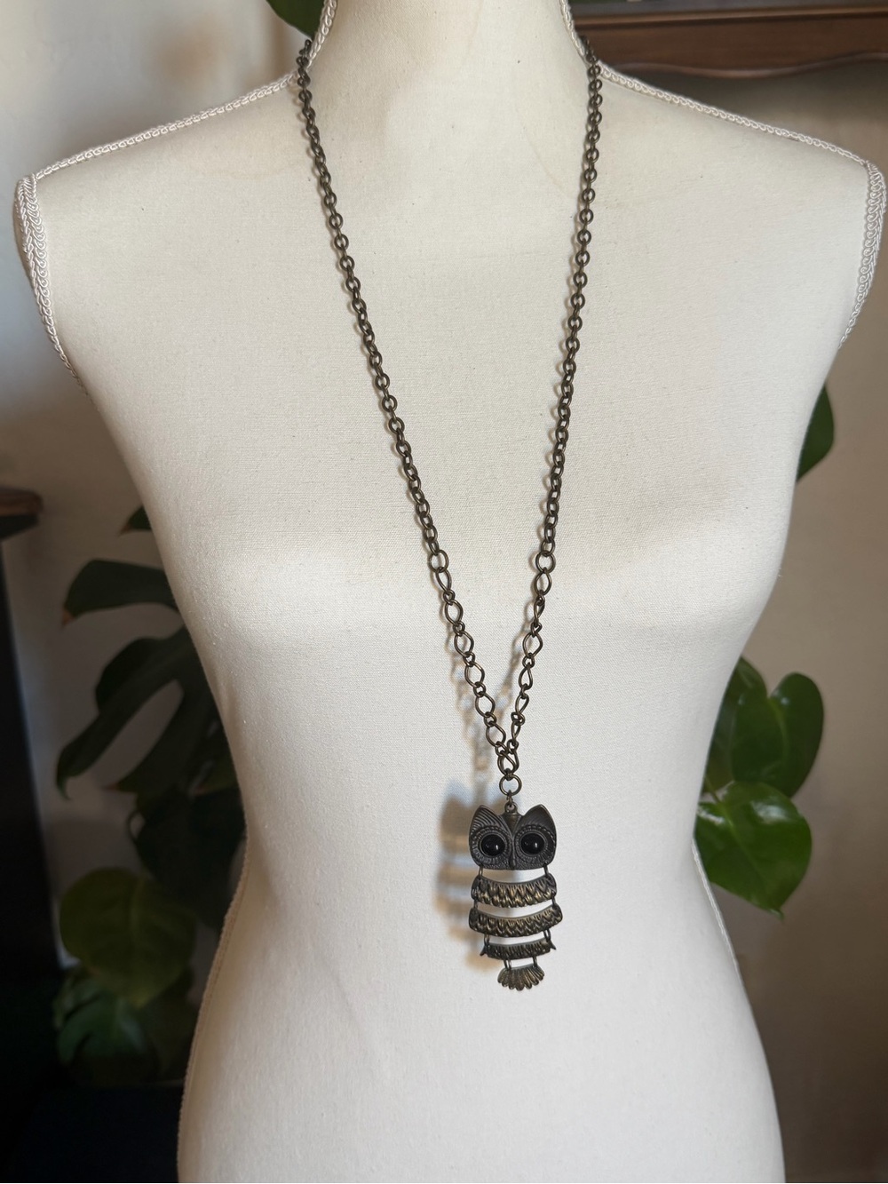 Vintage Bronze Articulated Owl Pendant Necklace